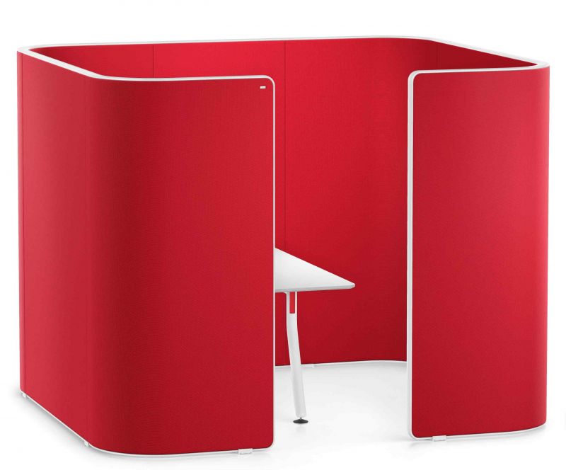 Interstuhl Hub Meetingbox in Rot mit weißem Tisch für konzentrierte Besprechungen.